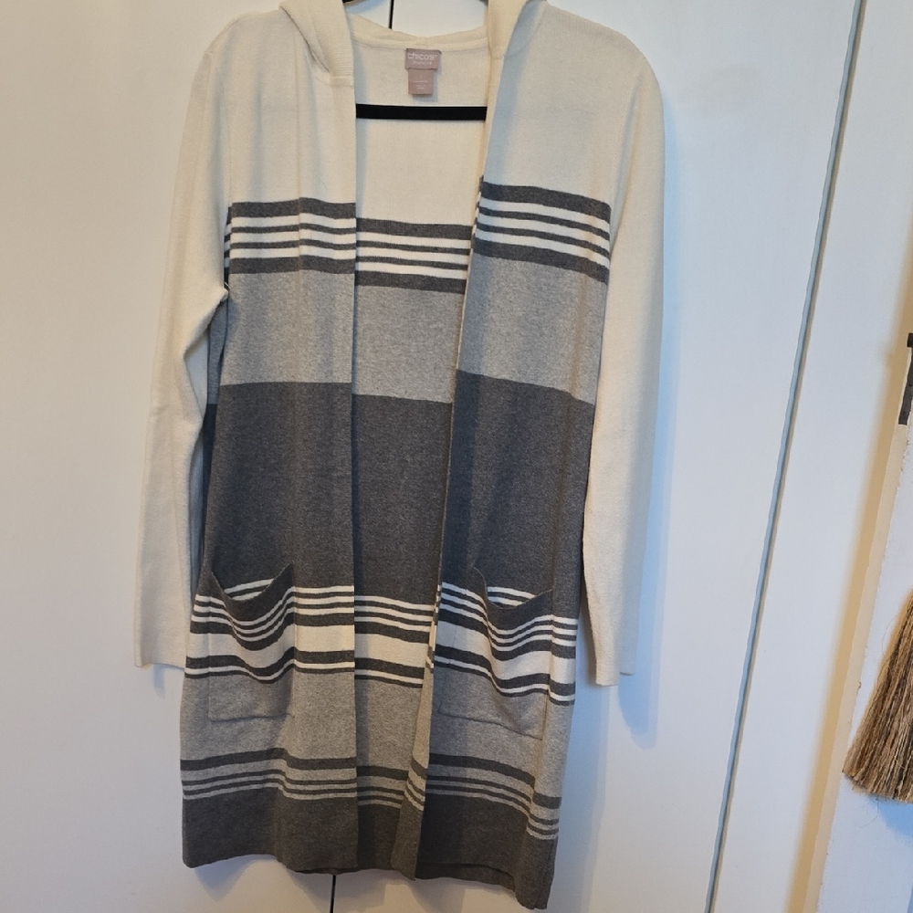 Chico's Striped Gray and Cream Cardigan
